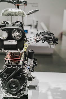 Detailed close-up of an industrial engine assembly in a modern setting, showcasing machinery complexity and precision.