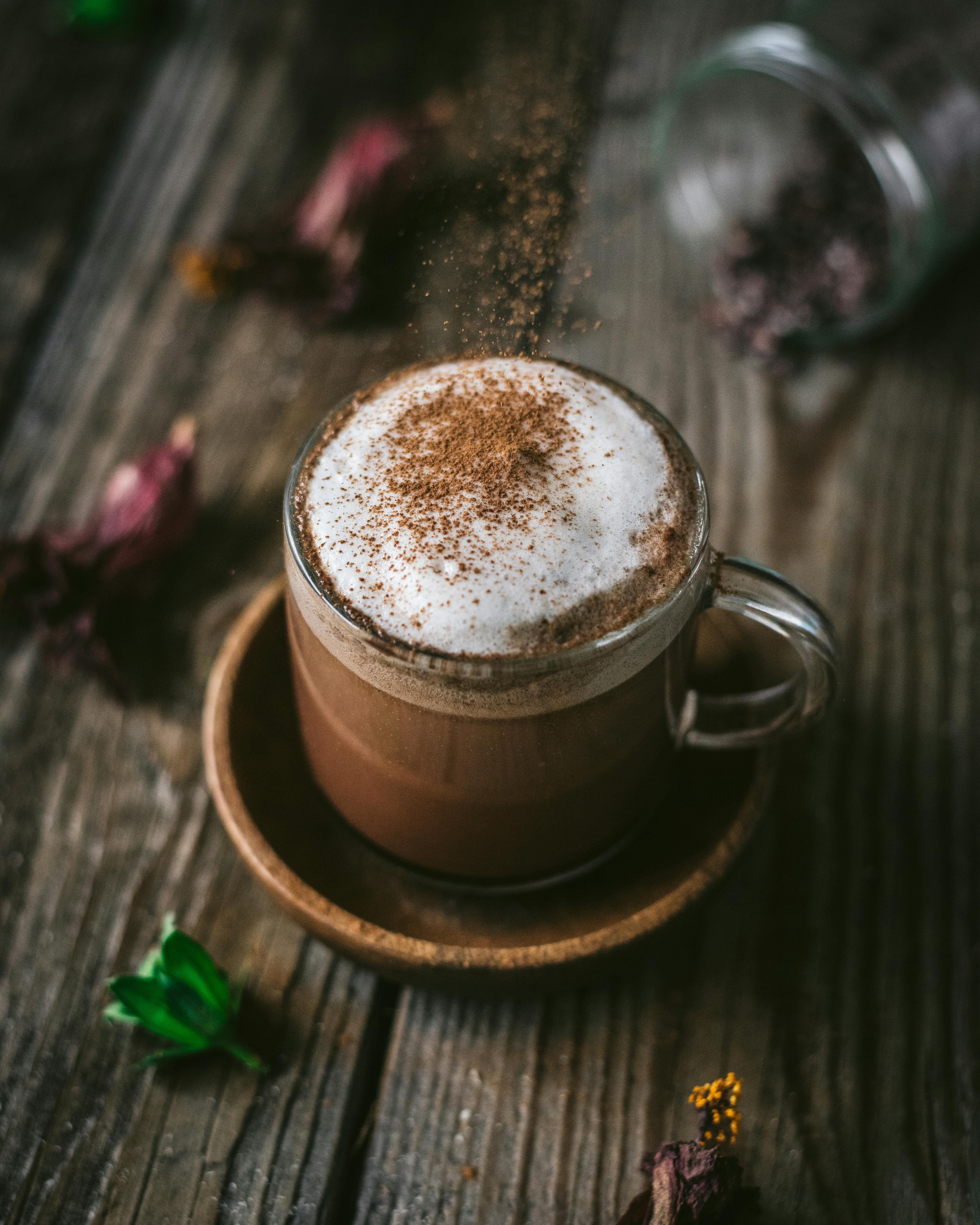 cocoa powder on top of coffee latte