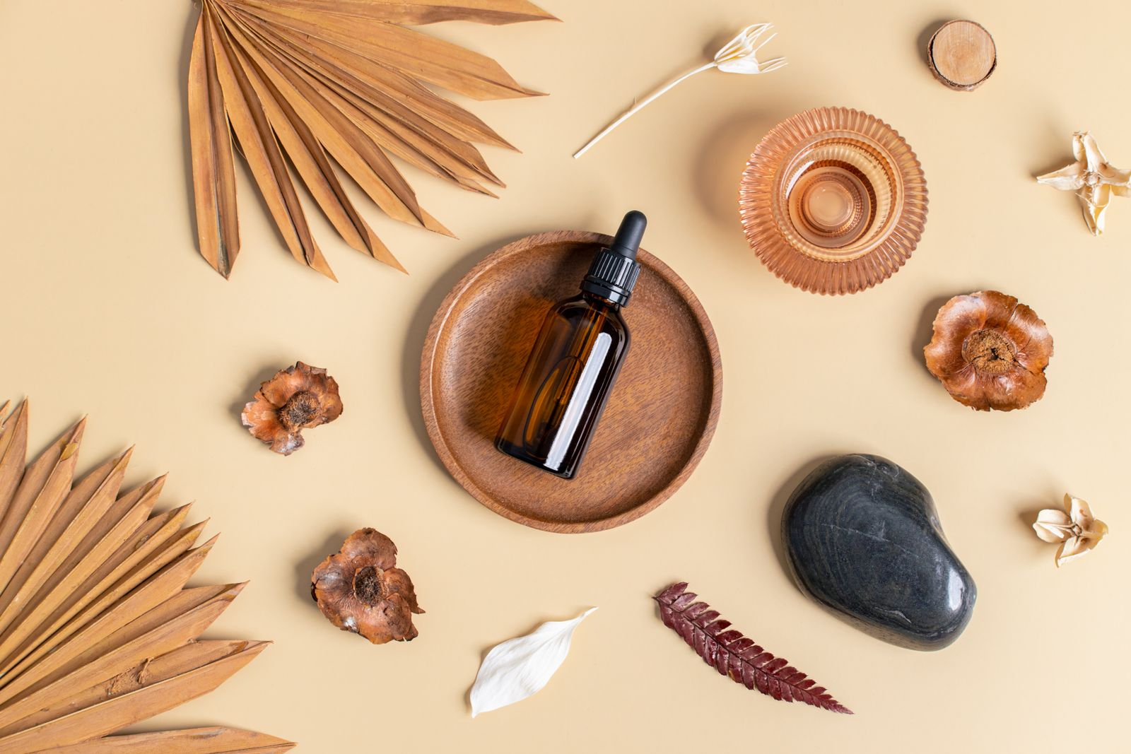 Amber dropper bottle on a wooden dish surrounded by dried palm leaves, stones and seed pods on beige