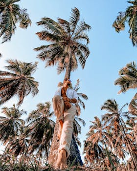 Man standing barefoot under palm trees in sunny Brazil, enjoying a tropical day.