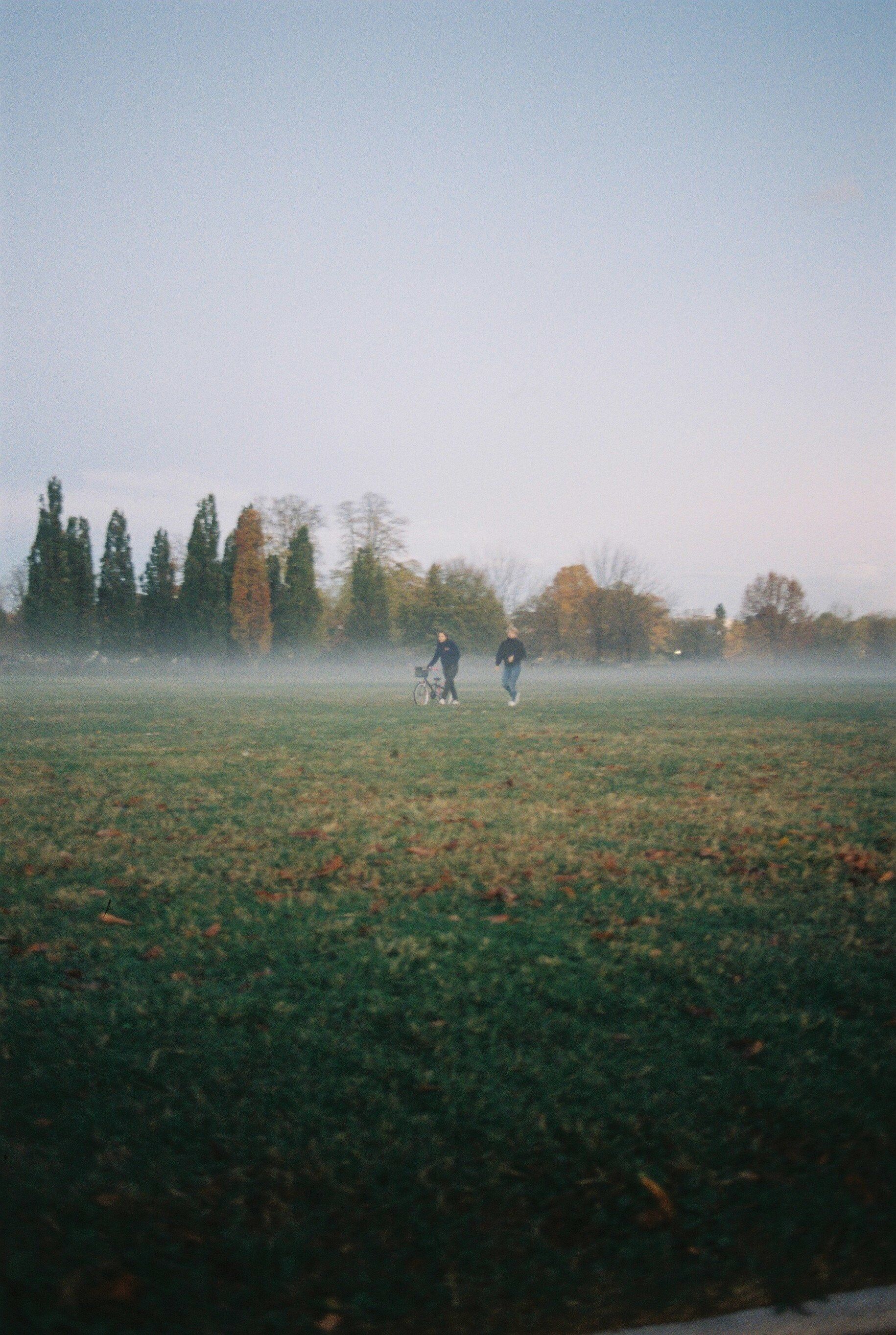 A serene foggy meadow with people walking their bicycles, creating a calm autumn scene.