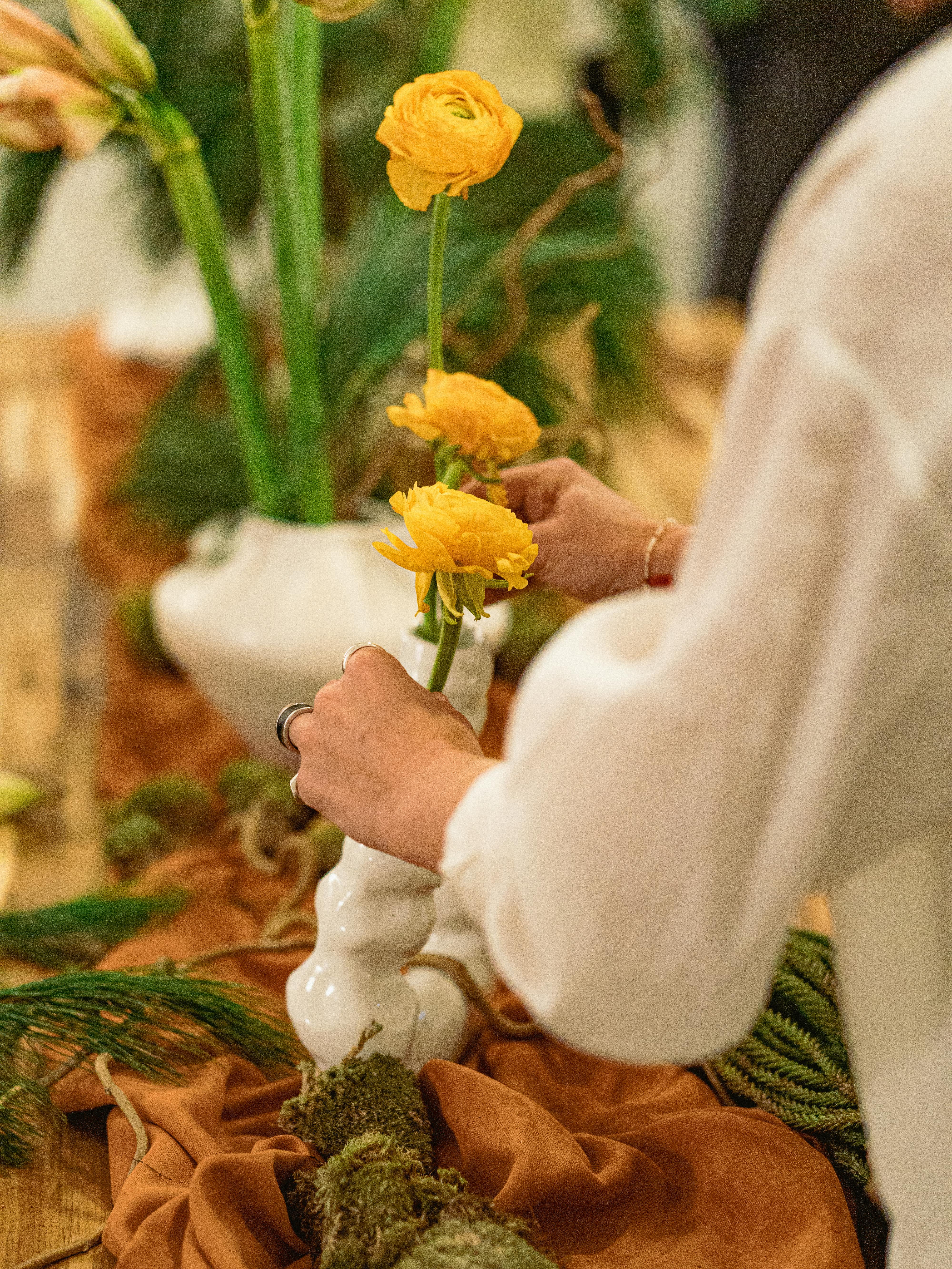 Hands arranging yellow ranunculus flowers in a vase with rustic decor on a wooden table.