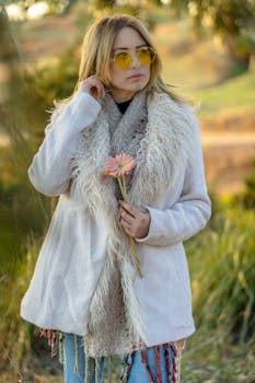 Trendy woman in warm coat holds a daisy in a serene outdoor autumn landscape.