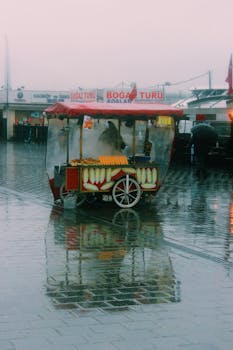 A vibrant street food cart reflects on a wet street in rainy Istanbul, Turkey.