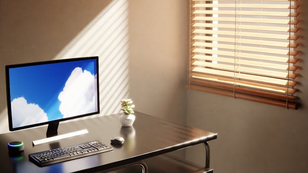 Bright workspace featuring a computer, wooden desk, and natural light through blinds.