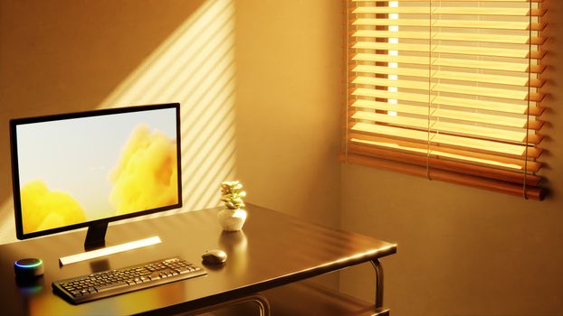 Peaceful office setup with a monitor and window blinds bathed in warm sunlight, creating a serene workspace.