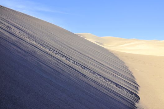 Expansive sand dunes create a stunning landscape against a clear blue sky.