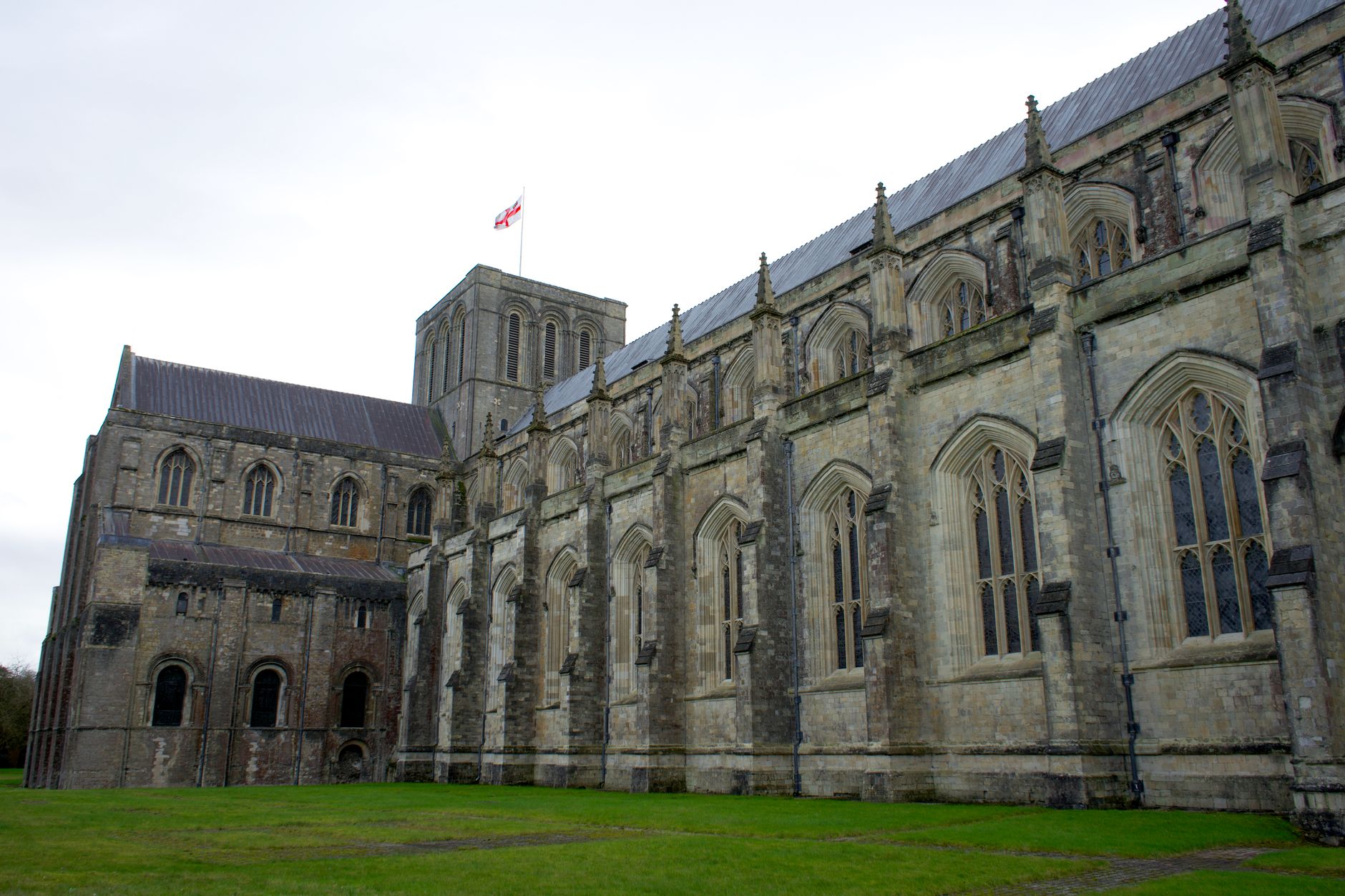 Exterior of Winchester Cathedral showing its Gothic facade and towers, Hampshire, England