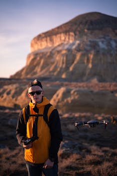 Young man pilots a drone in Kazakhstan's rugged terrain during sunset.