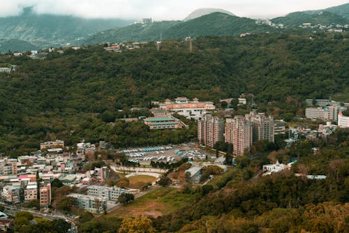 Panoramic View of City and Old Chinese Temple in Mountains