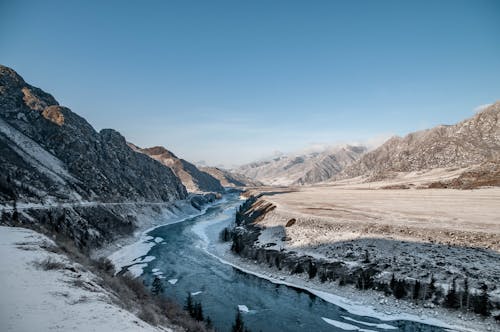 River Flowing in Mountain Valley in Winter 