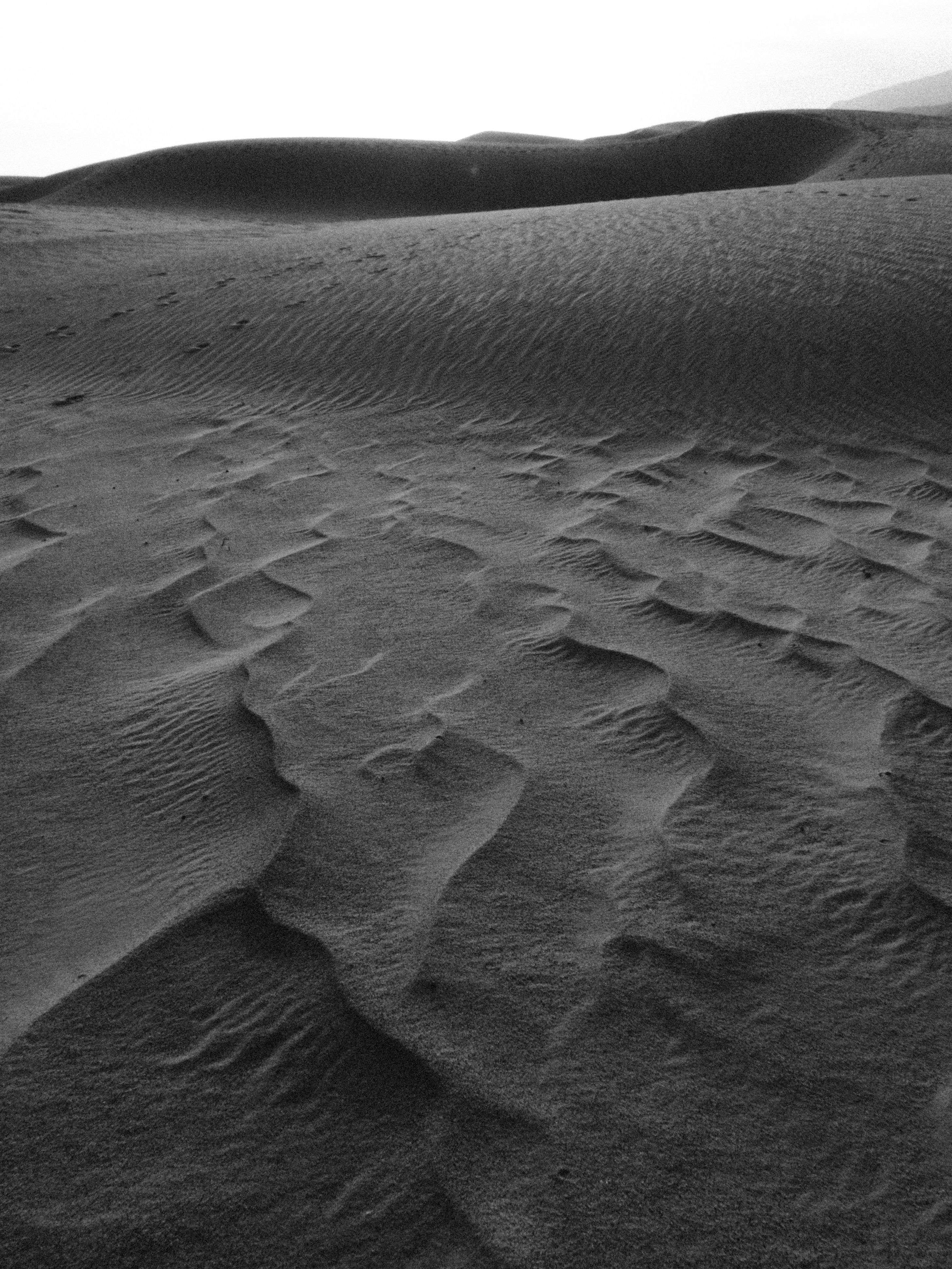 A grayscale image capturing the texture and forms of sand dunes in a barren desert.