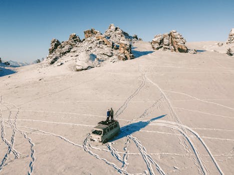 Drone captures people on a van amid a snow-covered mountain landscape in winter.