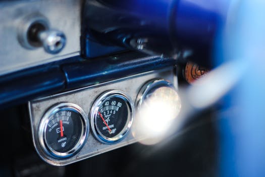Close-up of vintage car dashboard gauges with blue interior lighting.