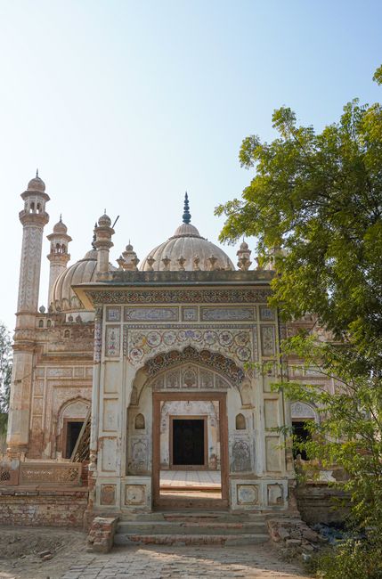 Beautifully ornamented mosque with intricate details and a clear sky backdrop.