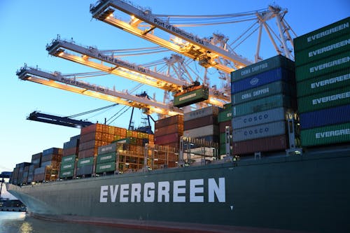 Free Green and Gray Evergreen Cargo Ship Stock Photo