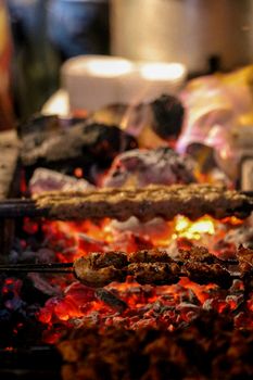 Close-up of assorted meats grilling over glowing charcoal, showcasing smoke and intense heat.