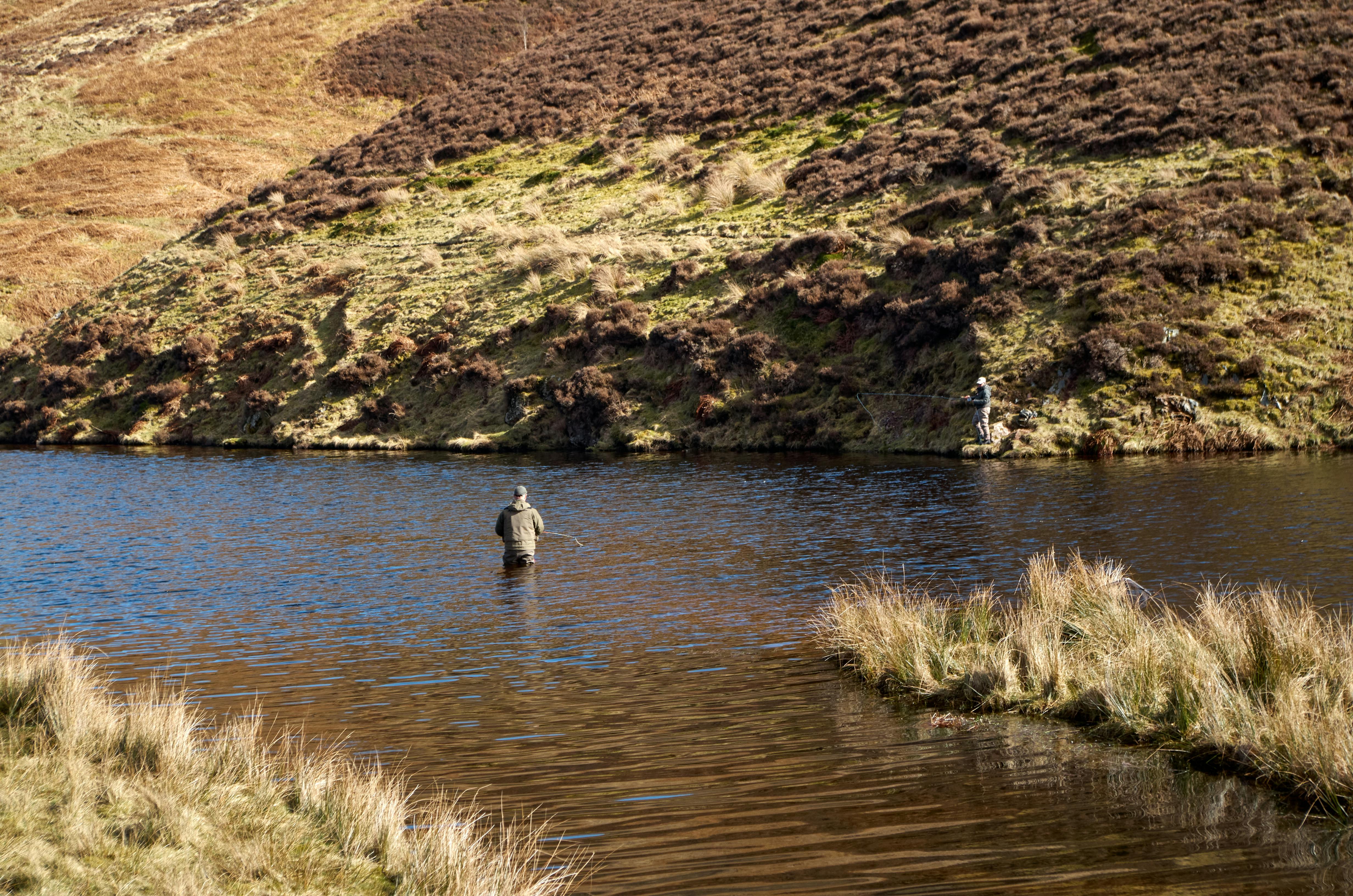 Two men engaged in fly fishing in a serene lake surrounded by lush greenery.