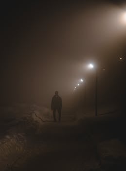 A lone silhouette walks along an eerie fog-covered street illuminated by street lights on a winter night.