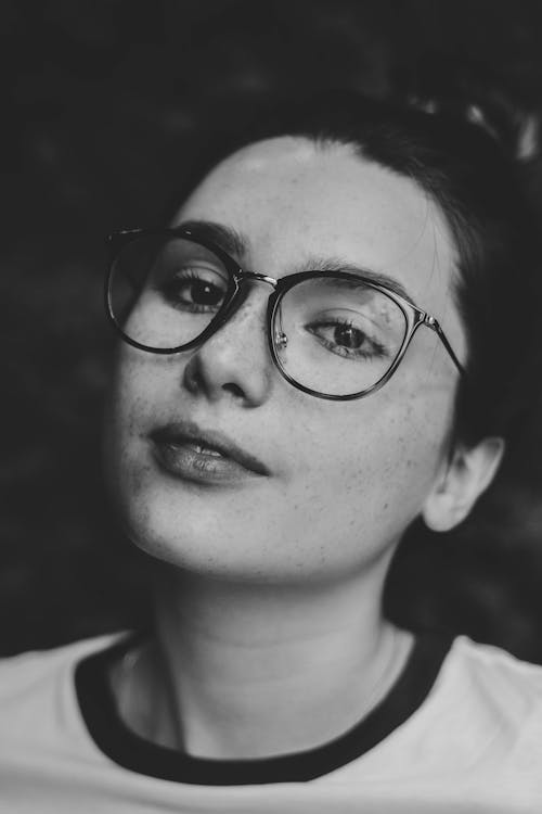 Black and White Portrait of Woman in Glasses
