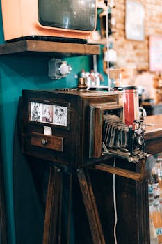 A classic vintage camera exhibited in a cozy retro café setting, capturing nostalgia.