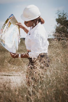 An African female engineer wearing a hard hat studies site plans in a rural setting, illustrating fieldwork.