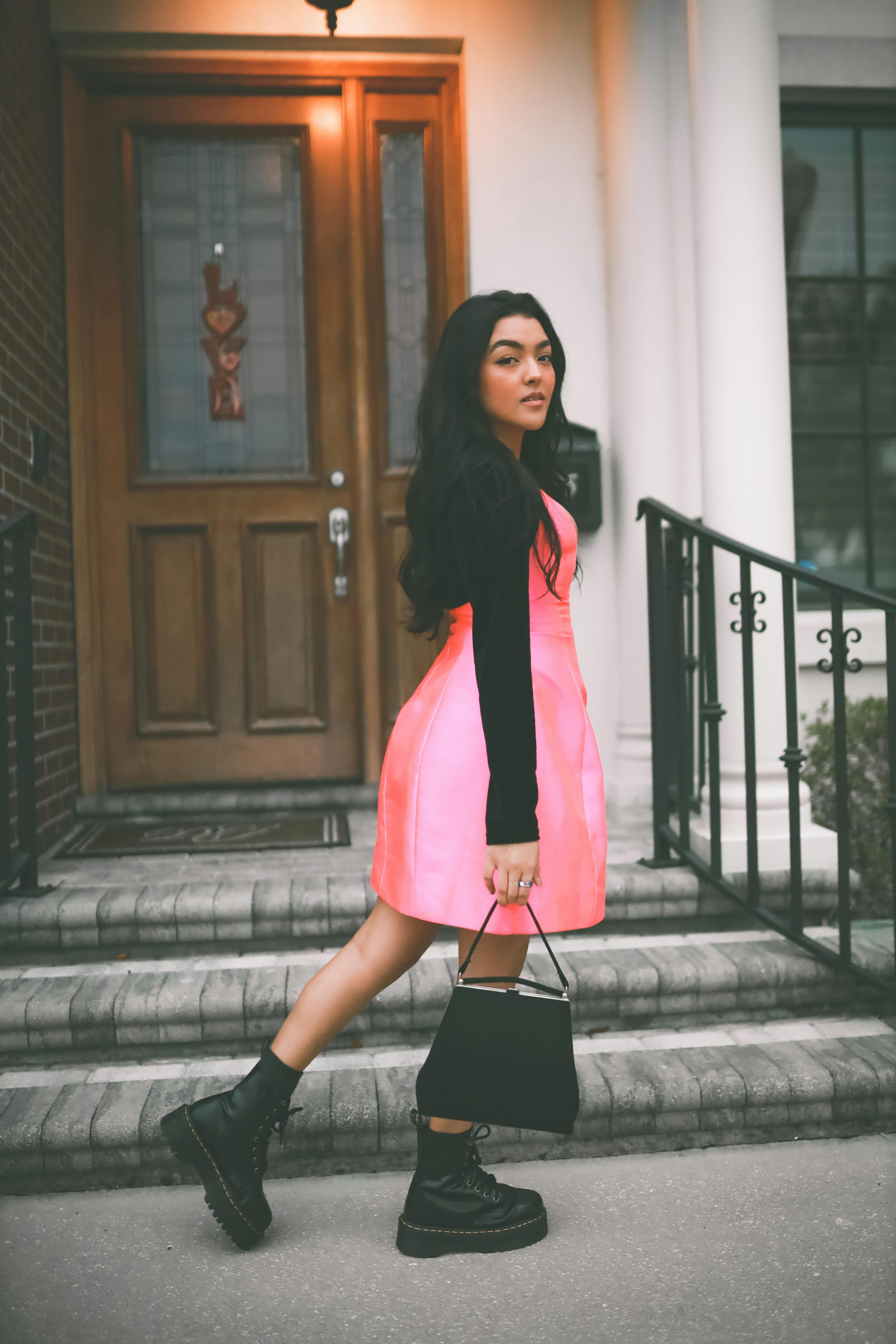 Pink dress hotsell with black boots