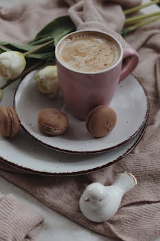 Warm scene with coffee, macarons, and tulips for a cozy ambiance. Perfect for relaxation.