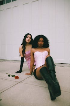 Two women in pink corsets and boots sitting with a red rose on the floor.