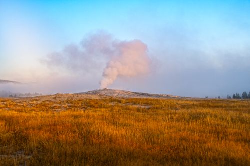 Free Captivating view of steaming geyser in Yellowstone National Park during dawn. Stock Photo
