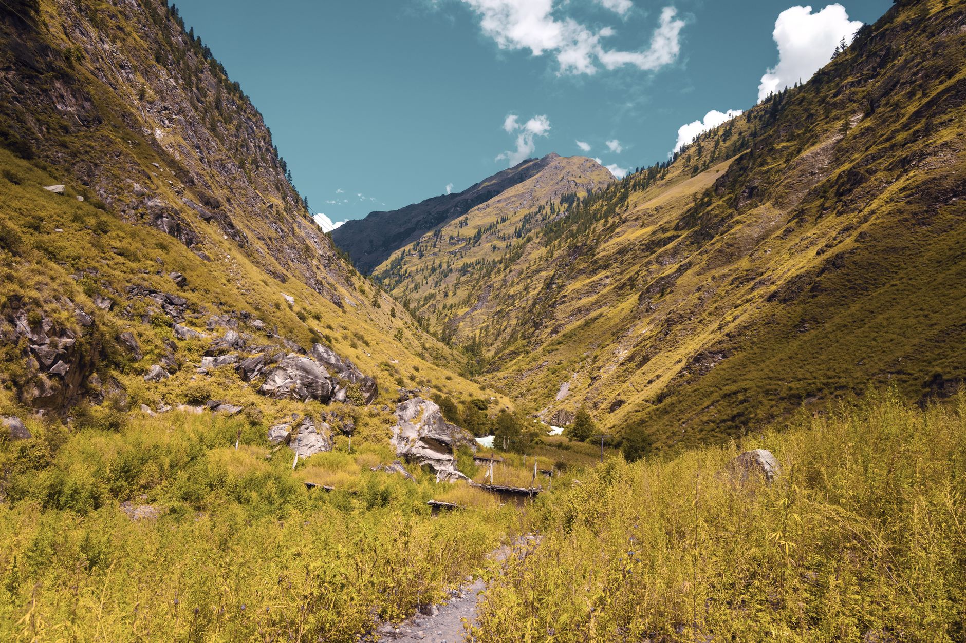 Breathtaking view of a lush green mountain valley under a clear blue sky in Nepal.