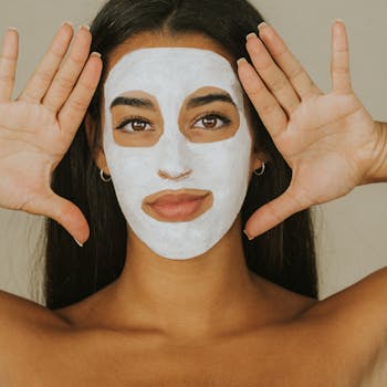 Close-up of a woman with a face mask and hands framing her face for skincare routine.