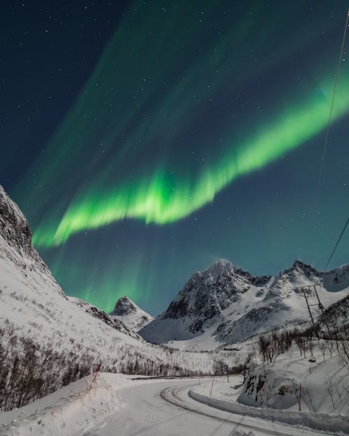 Mountain Landscape with Aurora Borealis Shining in Evening Sky