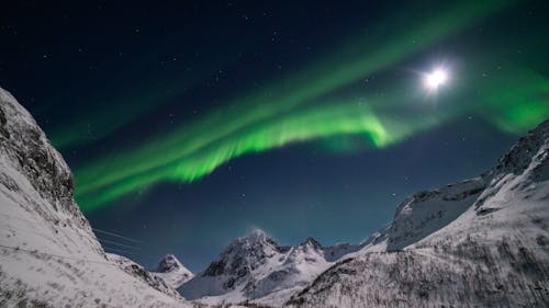 The Moon and Northern Lights Over Snowy Mountains
