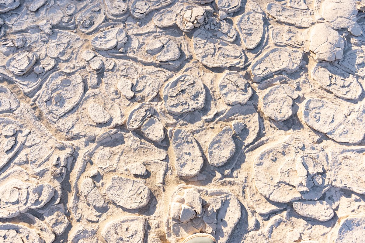 Extreme close-up of cracked, crusted salt-flat ground, the toe of a boot at the edge of the frame testing the crust.