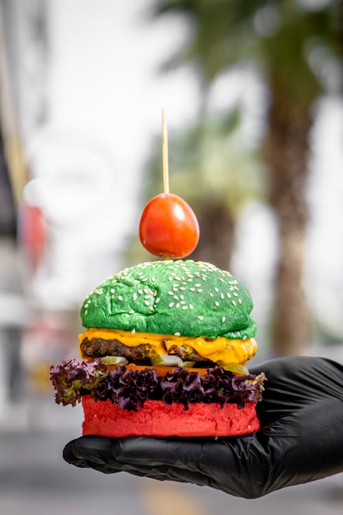 A Hand Wearing Black Glovers while Holding Colorful Bun with Patty and Cheese