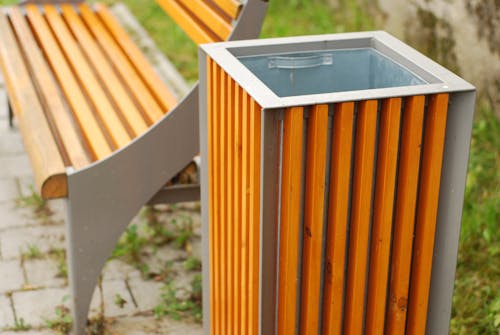 Free stock photo of bench, litter bin