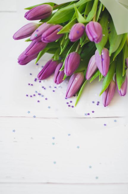 Elegant purple tulip bouquet on a white surface with star-shaped confetti.