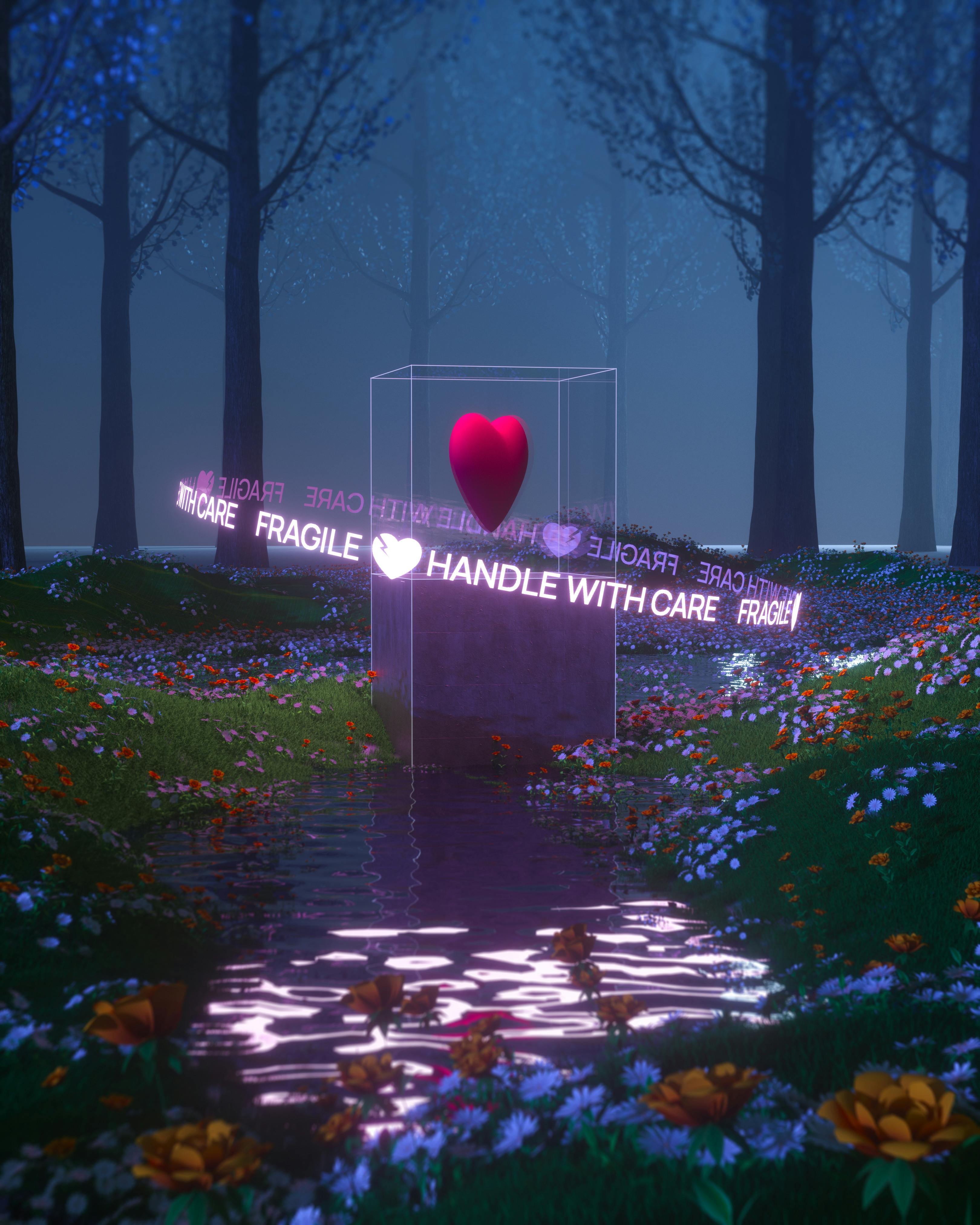 A digital heart encased in floating text amidst a vibrant forest setting.