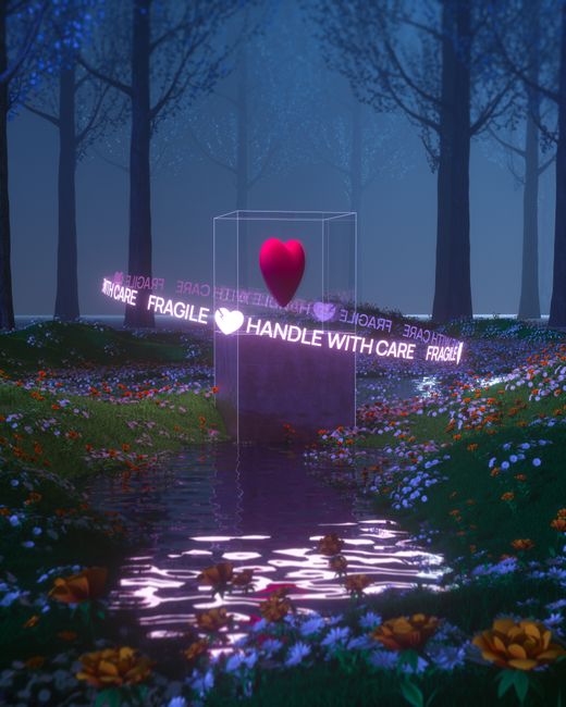 A digital heart encased in floating text amidst a vibrant forest setting.