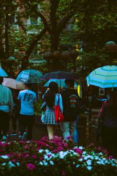People walking under umbrellas on a rainy street in a lush urban park setting, capturing the vivid ambiance.