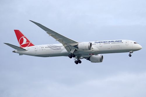 Free Stunning view of a Turkish Airlines Boeing 787 flying against a blue sky. Stock Photo