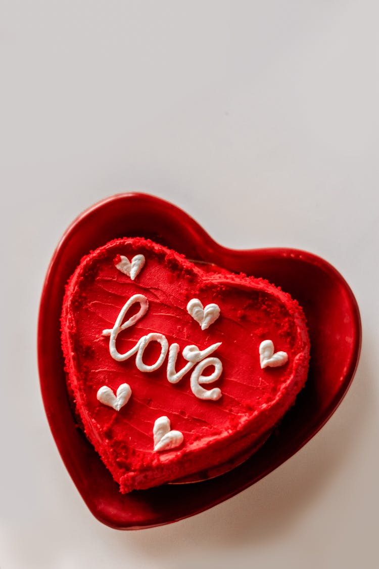 Valentine Heart-shaped Cake On Red Plate