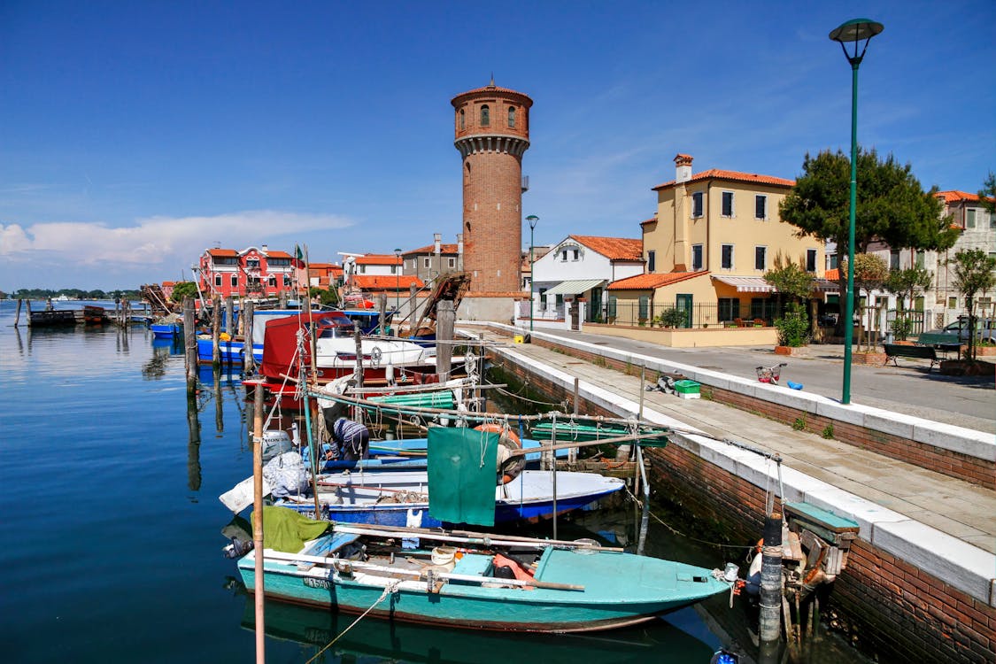 Wooden Motorboats Moored on the Harbor