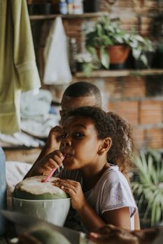 Charming young girl sipping coconut water through a straw, capturing a refreshing moment outdoors.