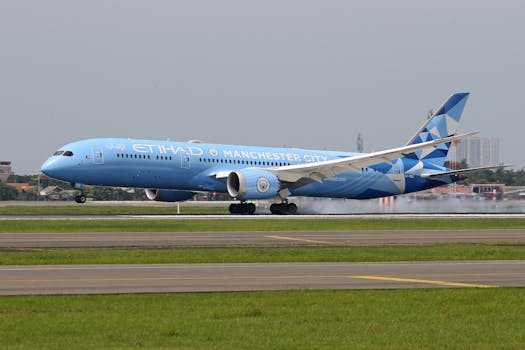 Etihad Airways airplane featuring Manchester City livery landing on runway.