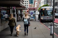 繁华的城市人行道上，人们走在街上，公交车穿行其间，展示着城市生活