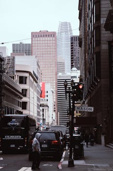 Bustling urban street view with skyscrapers, traffic, and pedestrians in a modern city setting.