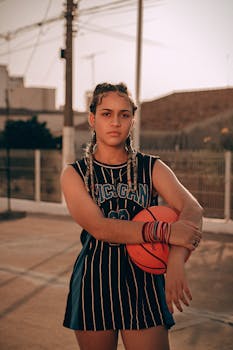 Confident young woman with braided hair holding a basketball on an outdoor court.