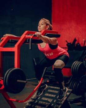 Athletic woman actively squatting using gym equipment, promoting a strong and healthy lifestyle.